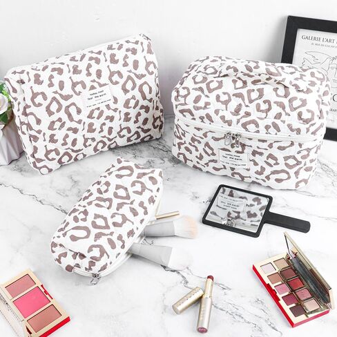 3Pcs Cotton Quilted Makeup Bag Set,Large Floral Cosmetic Bag，Aesthetic Toiletry Travel Makeup Bag Set and Cute Flower Bag for Women Girls (Pink Flower) in Kuwait