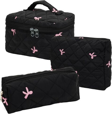3Pcs Cotton Quilted Makeup Bag Set,Large Floral Cosmetic Bag，Aesthetic Toiletry Travel Makeup Bag Set and Cute Flower Bag for Women Girls (Pink Flower) in Kuwait