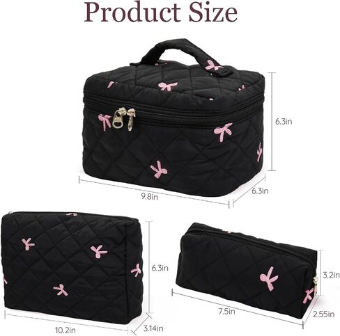 3Pcs Cotton Quilted Makeup Bag Set,Large Floral Cosmetic Bag，Aesthetic Toiletry Travel Makeup Bag Set and Cute Flower Bag for Women Girls (Pink Flower) in Kuwait