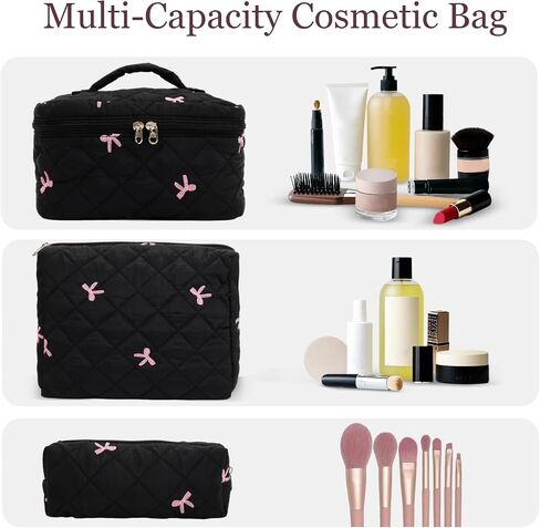 3Pcs Cotton Quilted Makeup Bag Set,Large Floral Cosmetic Bag，Aesthetic Toiletry Travel Makeup Bag Set and Cute Flower Bag for Women Girls (Pink Flower) in Kuwait