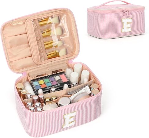 OCHEAL Makeup Bag for Women, Monogram Cosmetic Bag with Brush Holder, Pink Travel Makeup Case Beauty Toiletry Bag Organizer Personalized Gifts for Girls Bridesmaid, Sister, Wife, Friends Initial A in Saudi Arabia