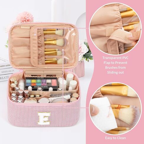 OCHEAL Makeup Bag for Women, Monogram Cosmetic Bag with Brush Holder, Pink Travel Makeup Case Beauty Toiletry Bag Organizer Personalized Gifts for Girls Bridesmaid, Sister, Wife, Friends Initial A in Saudi Arabia