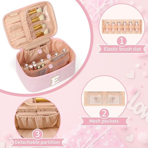 OCHEAL Makeup Bag for Women, Monogram Cosmetic Bag with Brush Holder, Pink Travel Makeup Case Beauty Toiletry Bag Organizer Personalized Gifts for Girls Bridesmaid, Sister, Wife, Friends Initial A in Saudi Arabia