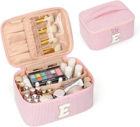 OCHEAL Makeup Bag for Women, Monogram Cosmetic Bag with Brush Holder, Pink Travel Makeup Case Beauty Toiletry Bag Organizer Personalized Gifts for Girls Bridesmaid, Sister, Wife, Friends Initial A in Saudi Arabia