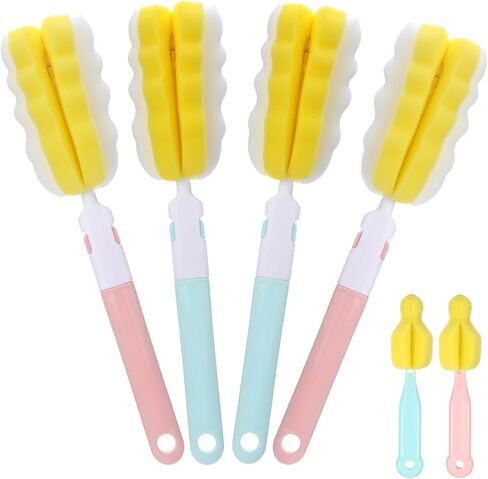 4 Pcs Bottle Brush Sponge, Cup Water Bottle Sponge Cleaner Brush, Detachable Bottle Cleaning Brush, Bottle Brushes for Cleaning, Sponge with Handle for Baby Bottle Glasses Mugs(4Pcs+4 Brush Heads) in Saudi Arabia