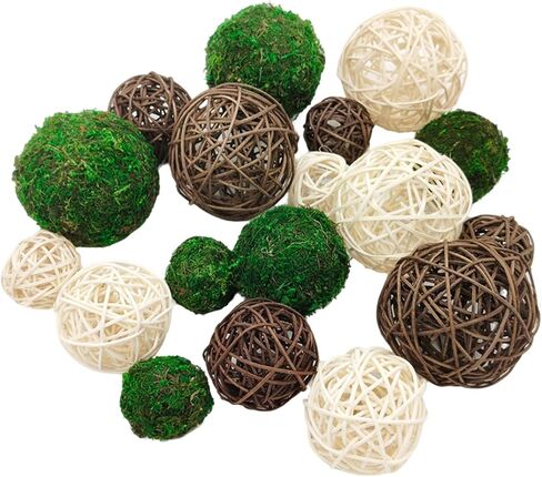 15pcs Decorative Balls for Vase Centerpiece Bowls Orbs Filler Table Decor, 2.4 in Wicker Rattan Balls and Moss Balls Set(Green + Brown + White) in Kuwait