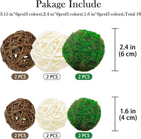 15pcs Decorative Balls for Vase Centerpiece Bowls Orbs Filler Table Decor, 2.4 in Wicker Rattan Balls and Moss Balls Set(Green + Brown + White) in Kuwait