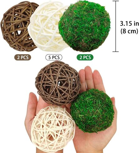 15pcs Decorative Balls for Vase Centerpiece Bowls Orbs Filler Table Decor, 2.4 in Wicker Rattan Balls and Moss Balls Set(Green + Brown + White) in Kuwait