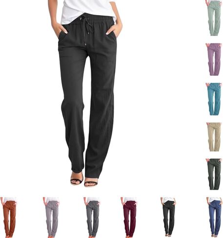 Linen Pants for Women 2025 Cotton Casual Summer Drawstring High Waist Lightweight Straight Leg Trousers with Pockets in Saudi Arabia