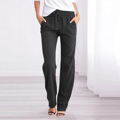 Linen Pants for Women 2025 Cotton Casual Summer Drawstring High Waist Lightweight Straight Leg Trousers with Pockets in Saudi Arabia