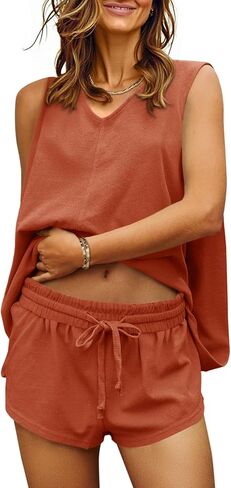 Fisoew Women's Summer 2 Piece Outfits Short Sets Loose V Neck T Shirts Casual Shorts Tracksuit Lounge Sets in Kuwait