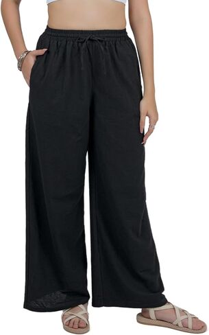 Lofbaz Women Cotton Linen Wide Palazzo Pantring Pants غير رسمية عالية الخصر سراويل صيف صيف مع جيوب in Kuwait