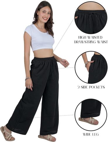 Lofbaz Women Cotton Linen Wide Palazzo Pantring Pants غير رسمية عالية الخصر سراويل صيف صيف مع جيوب in Kuwait