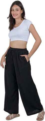 Lofbaz Women Cotton Linen Wide Palazzo Pantring Pants غير رسمية عالية الخصر سراويل صيف صيف مع جيوب in Kuwait