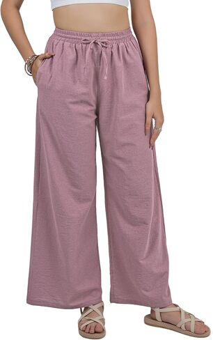 Lofbaz Women Cotton Linen Wide Palazzo Pantring Pants غير رسمية عالية الخصر سراويل صيف صيف مع جيوب in Kuwait