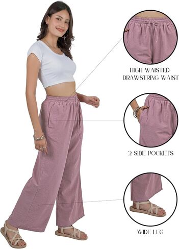 Lofbaz Women Cotton Linen Wide Palazzo Pantring Pants غير رسمية عالية الخصر سراويل صيف صيف مع جيوب in Kuwait