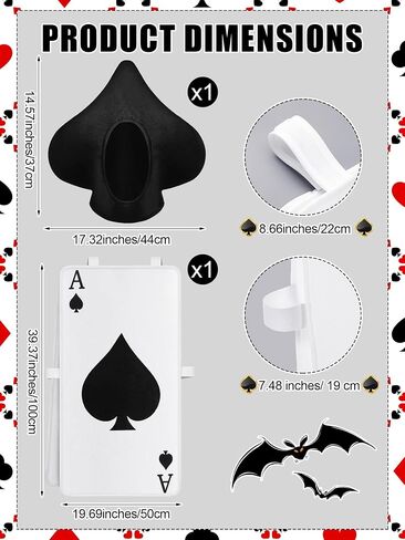 2 PCS Halloween Ace of Heart Costume for Adult Red Poker Cards Assume with Hat Deck of Cards Cosplay تلعب أوراق الأزياء كازينو Propograph in Kuwait
