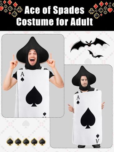 2 PCS Halloween Ace of Heart Costume for Adult Red Poker Cards Assume with Hat Deck of Cards Cosplay تلعب أوراق الأزياء كازينو Propograph in Kuwait