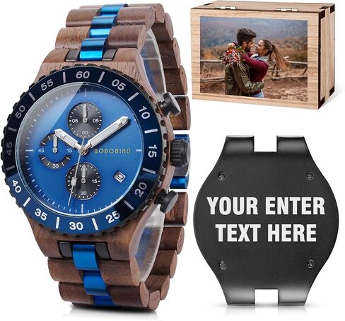 2win Engraved Wooden Watches for Men Blue Date Chronograph Military Luxury Personalized Customized Wrist Watches Anniversary Watch Gift for Husband My Man Boyfriend in Kuwait