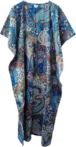 Paisley Print Blue Dress 100 ٪ Cotton Maxi Beach Cover Up Sleepwear Women Thrinic Caftan Dress in Kuwait
