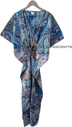 Paisley Print Blue Dress 100 ٪ Cotton Maxi Beach Cover Up Sleepwear Women Thrinic Caftan Dress in Kuwait