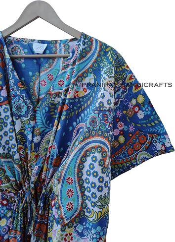 Paisley Print Blue Dress 100 ٪ Cotton Maxi Beach Cover Up Sleepwear Women Thrinic Caftan Dress in Kuwait