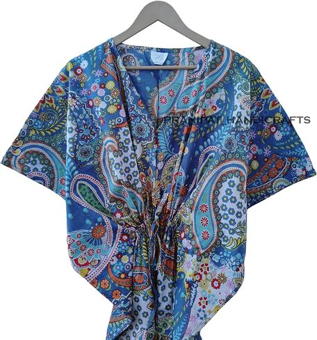 Paisley Print Blue Dress 100 ٪ Cotton Maxi Beach Cover Up Sleepwear Women Thrinic Caftan Dress in Kuwait