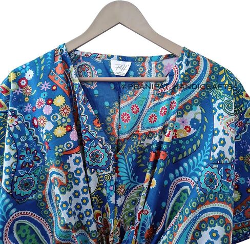 Paisley Print Blue Dress 100 ٪ Cotton Maxi Beach Cover Up Sleepwear Women Thrinic Caftan Dress in Kuwait