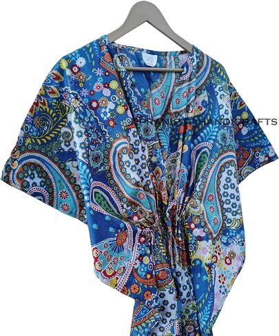 Paisley Print Blue Dress 100 ٪ Cotton Maxi Beach Cover Up Sleepwear Women Thrinic Caftan Dress in Kuwait