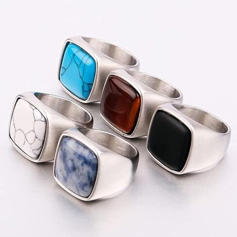 Stainless Steel Bands Inlay Black Onyx, Tiger Eye, White Dotted Sapphire, Turquoise Stone Men Women Ring Size 7-15 in Saudi Arabia