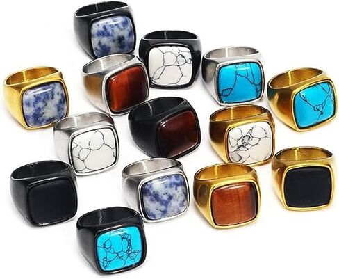 Stainless Steel Bands Inlay Black Onyx, Tiger Eye, White Dotted Sapphire, Turquoise Stone Men Women Ring Size 7-15 in Saudi Arabia