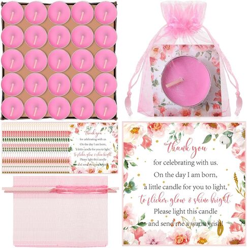 Mtlee 50 Sets Fabric Shower Candle Favors للضيوف بما في ذلك 50 Pcs Tea Light Candles و 50 Thanks Tags و 50 حقيبة هدايا للعودة لمادة جنس الطفل الكشف عن الحفلات (الزهور ، الوردي) in Kuwait