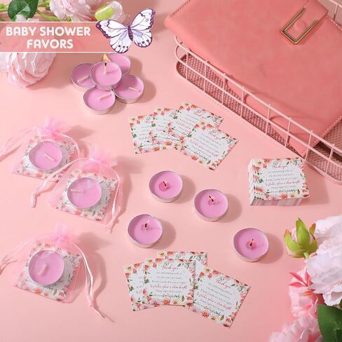 Mtlee 50 Sets Fabric Shower Candle Favors للضيوف بما في ذلك 50 Pcs Tea Light Candles و 50 Thanks Tags و 50 حقيبة هدايا للعودة لمادة جنس الطفل الكشف عن الحفلات (الزهور ، الوردي) in Kuwait