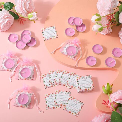 Mtlee 50 Sets Fabric Shower Candle Favors للضيوف بما في ذلك 50 Pcs Tea Light Candles و 50 Thanks Tags و 50 حقيبة هدايا للعودة لمادة جنس الطفل الكشف عن الحفلات (الزهور ، الوردي) in Kuwait