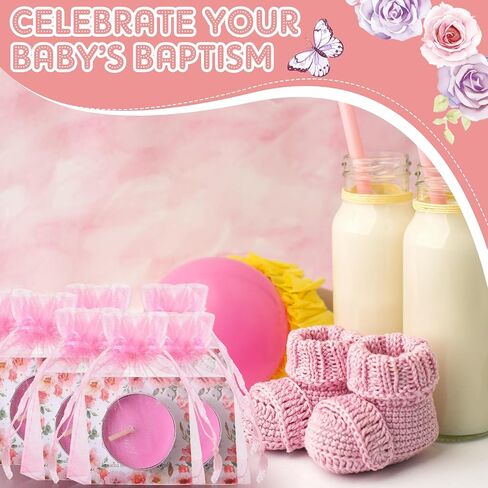 Mtlee 50 Sets Fabric Shower Candle Favors للضيوف بما في ذلك 50 Pcs Tea Light Candles و 50 Thanks Tags و 50 حقيبة هدايا للعودة لمادة جنس الطفل الكشف عن الحفلات (الزهور ، الوردي) in Kuwait