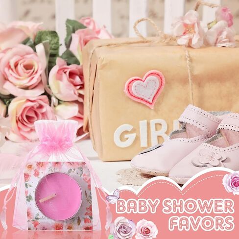 Mtlee 50 Sets Fabric Shower Candle Favors للضيوف بما في ذلك 50 Pcs Tea Light Candles و 50 Thanks Tags و 50 حقيبة هدايا للعودة لمادة جنس الطفل الكشف عن الحفلات (الزهور ، الوردي) in Kuwait