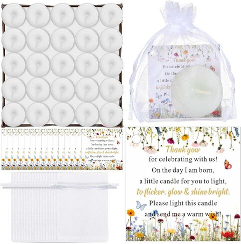 MTLEE 50 Sets Baby Shower Candle Favors for Guests Including 50 Pcs Tea Light Candles and 50 Thank Tags and 50 Return Gift Bags for Baby Shower Gender Reveal Party Favors (Flowers, Pink) in Saudi Arabia
