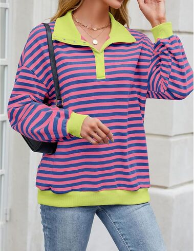 Blostirno Womens كبير الحجم من النوع الثقيل مخطط من الأكمام طويلة نصف زر القمصان القمصان Fall Henley Pulover Tops in Saudi Arabia