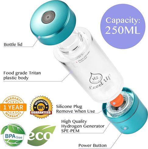 LevelUpWay 2025 Hydrogen Water Bottle Generator with SPE PEM Technology– Up to 4000 PPB – Dual Chamber – 250ml – (White) – Enhanced Hydration Solution in Saudi Arabia