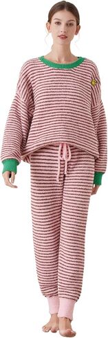 Women's Fleece Lounge Pajama Set - Includes Pants and Top, Elastic Fabric, Warm, Cloudlike Softness, Skin-Friendly Comfort, Pink in Saudi Arabia