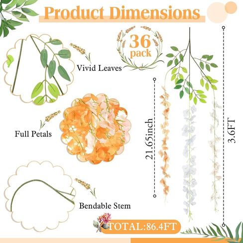 24 Pcs Wisteria Hanging Flowers 3.6 Feet Artificial Fake Wisteria Flower Vine Garland Ratta for Backdrop Wedding Decor Home Party(Pink, White) in Saudi Arabia