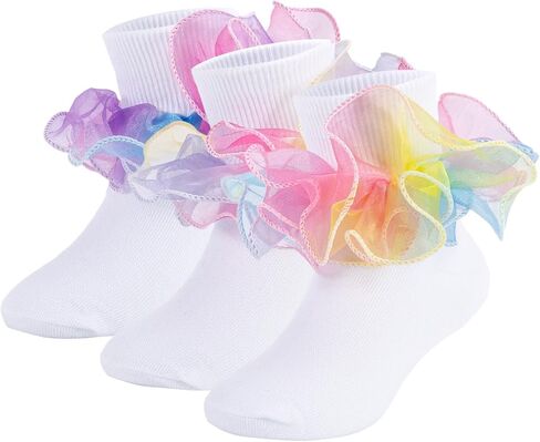 Toddler Girls Double Lace Ruffle Rainbow Socks Turn Cuff Shimmering Big Ruffle Dress Lace Socks in Kuwait