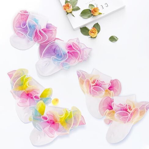 Toddler Girls Double Lace Ruffle Rainbow Socks Turn Cuff Shimmering Big Ruffle Dress Lace Socks in Kuwait