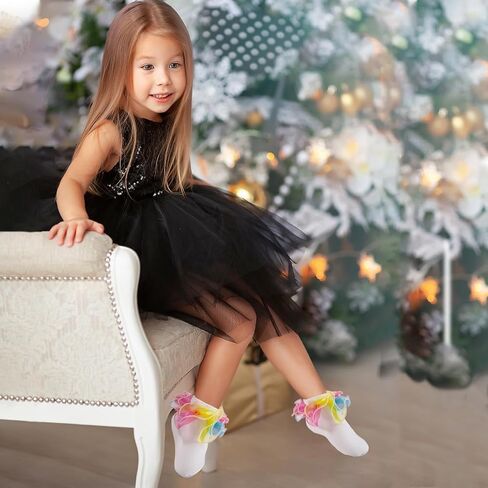 Toddler Girls Double Lace Ruffle Rainbow Socks Turn Cuff Shimmering Big Ruffle Dress Lace Socks in Kuwait
