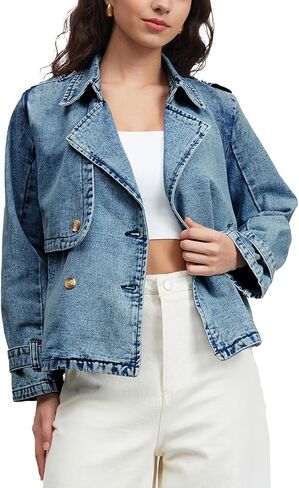 Denim Jacket for Women Lapel Double Breasted Oversized Jean Jacket Fall Casual Trendy Trench Coat with Pockets in Saudi Arabia