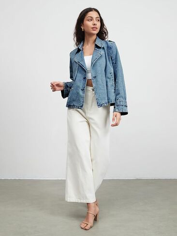 Denim Jacket for Women Lapel Double Breasted Oversized Jean Jacket Fall Casual Trendy Trench Coat with Pockets in Saudi Arabia