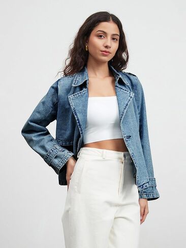 Denim Jacket for Women Lapel Double Breasted Oversized Jean Jacket Fall Casual Trendy Trench Coat with Pockets in Saudi Arabia