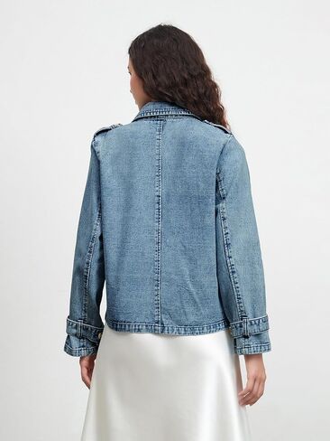 Denim Jacket for Women Lapel Double Breasted Oversized Jean Jacket Fall Casual Trendy Trench Coat with Pockets in Saudi Arabia