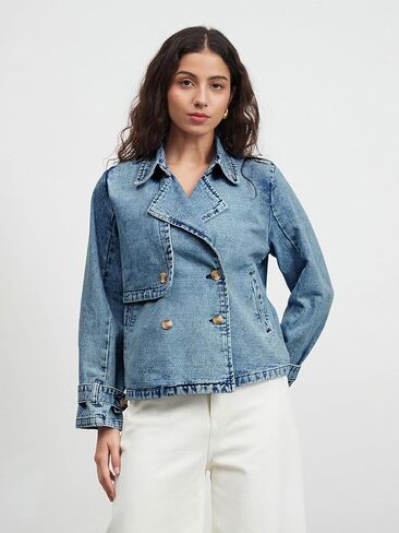 Denim Jacket for Women Lapel Double Breasted Oversized Jean Jacket Fall Casual Trendy Trench Coat with Pockets in Saudi Arabia