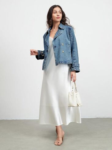 Denim Jacket for Women Lapel Double Breasted Oversized Jean Jacket Fall Casual Trendy Trench Coat with Pockets in Saudi Arabia